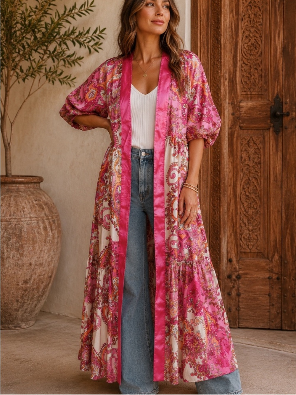 Kimono Umgee NWT Women’s Pink Paisley Satin-Trim Maxi Kimono Robe